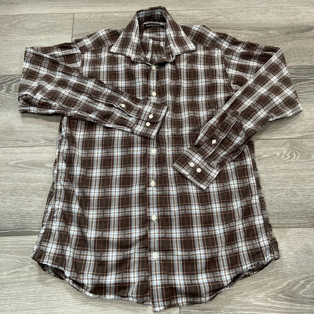 Vintage Kenneth Gordon Plaid‎ Button Down Shirt Men Size M Brown Blue USA Made